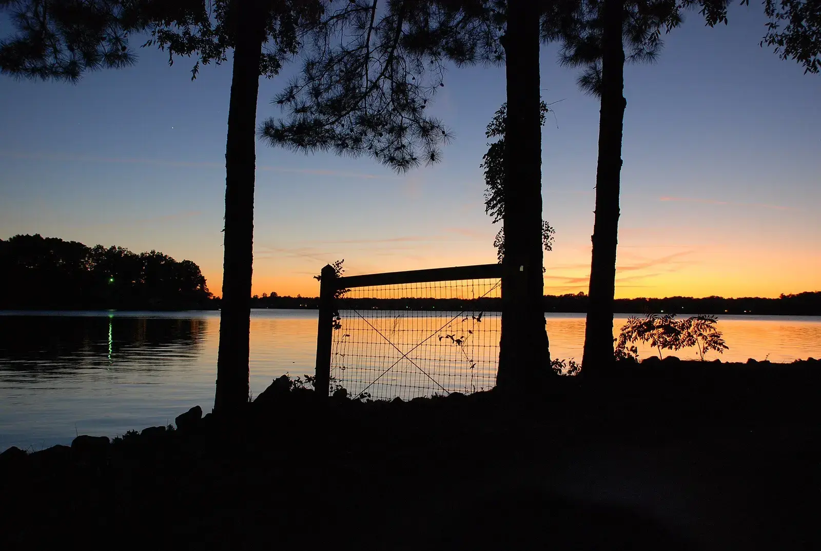 Sunset over Lake Norman with silhouetted trees on the shoreline