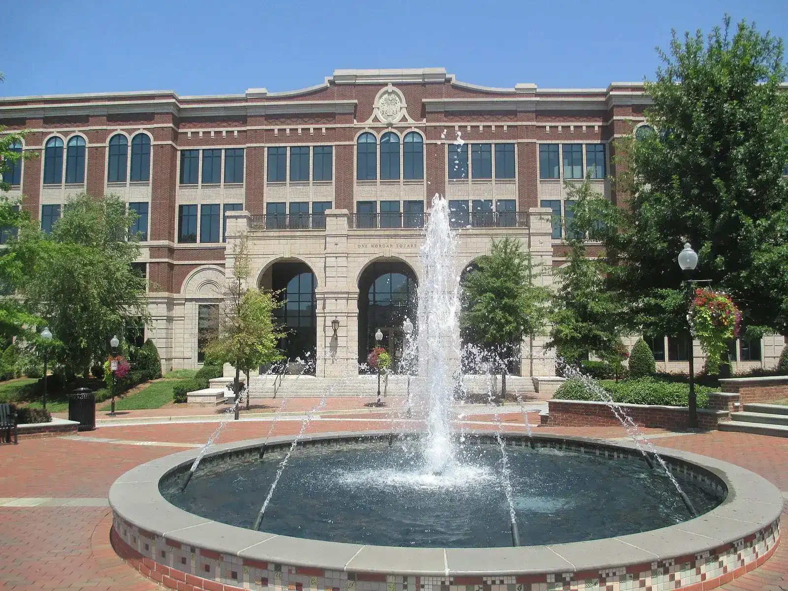 Fountain in front of a historic brick building at Morgan Square in downtown Spartanburg, South Carolina