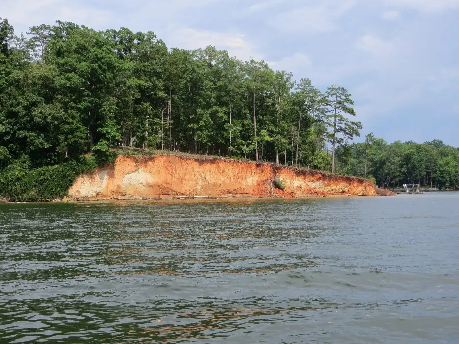 Red clay bluff and trees along the Lake Wylie shoreline
