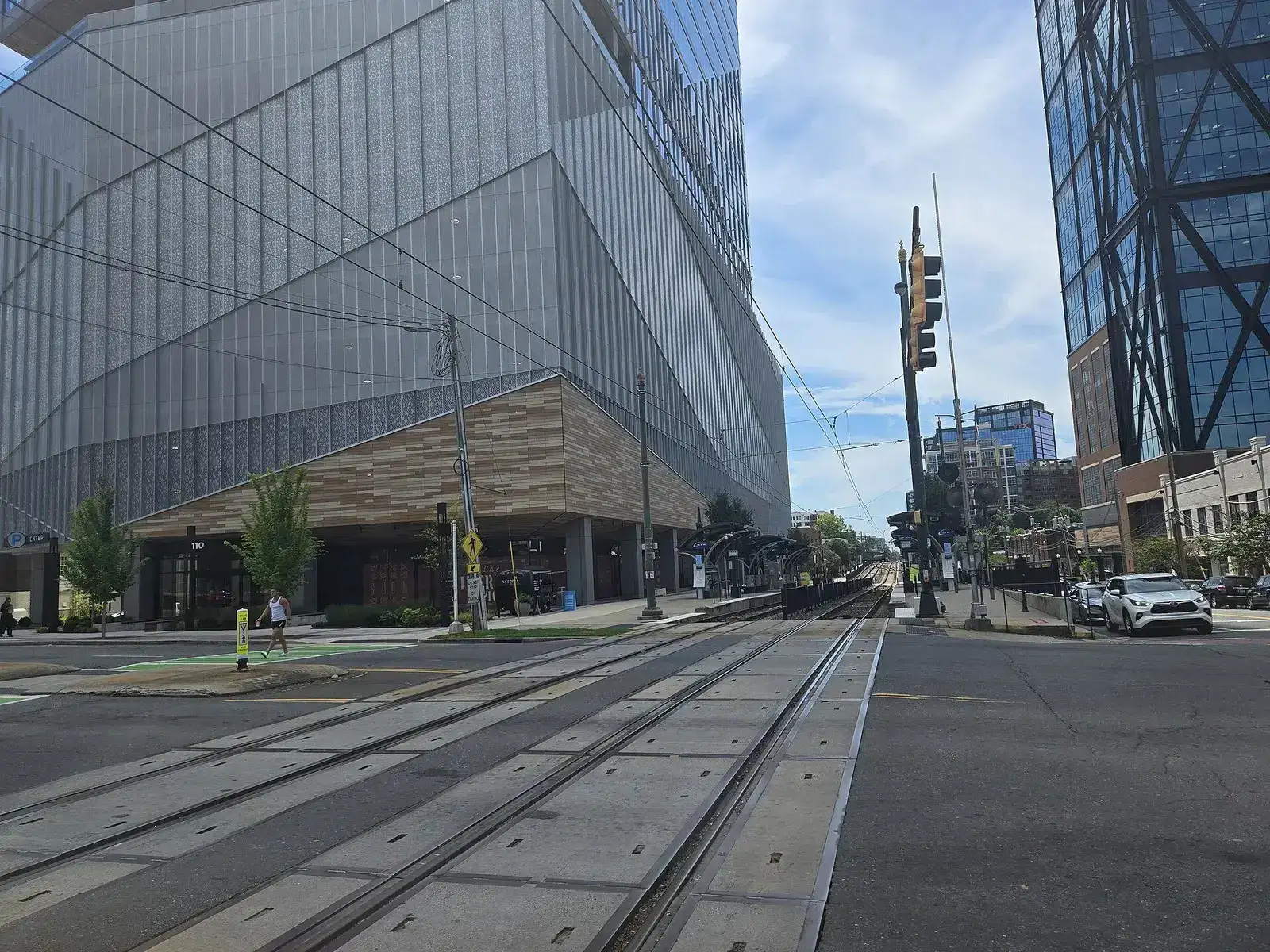 Office tower and light rail tracks in South End, Charlotte