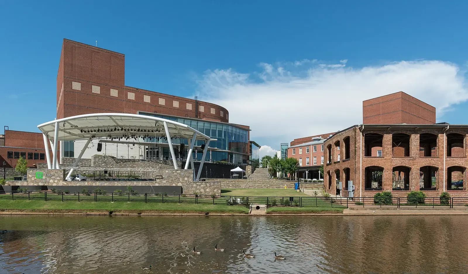 Peace Center buildings beside the Reedy River in downtown Greenville, South Carolina