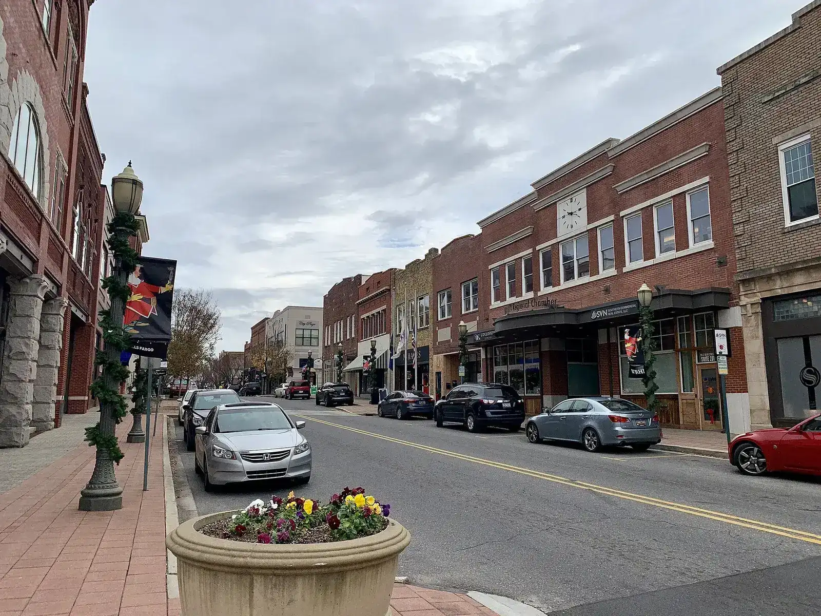 Historic brick storefronts and street lamps along Main Street in downtown Rock Hill, South Carolina
