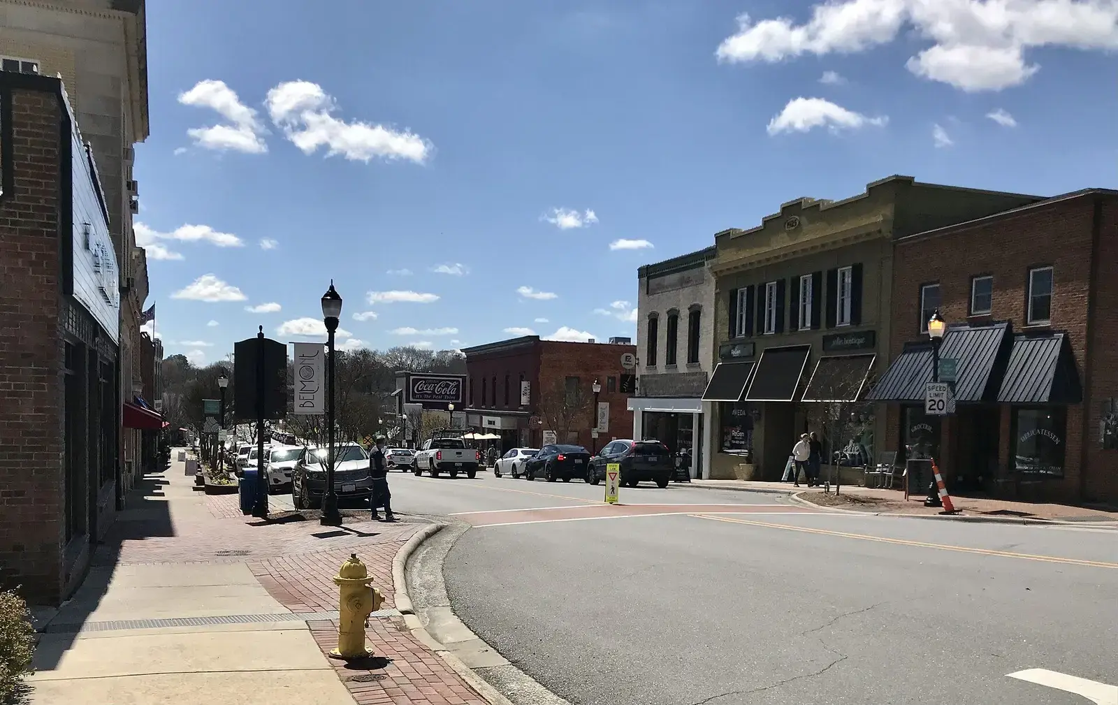 Storefronts and sidewalk along Main Street in downtown Belmont, North Carolina