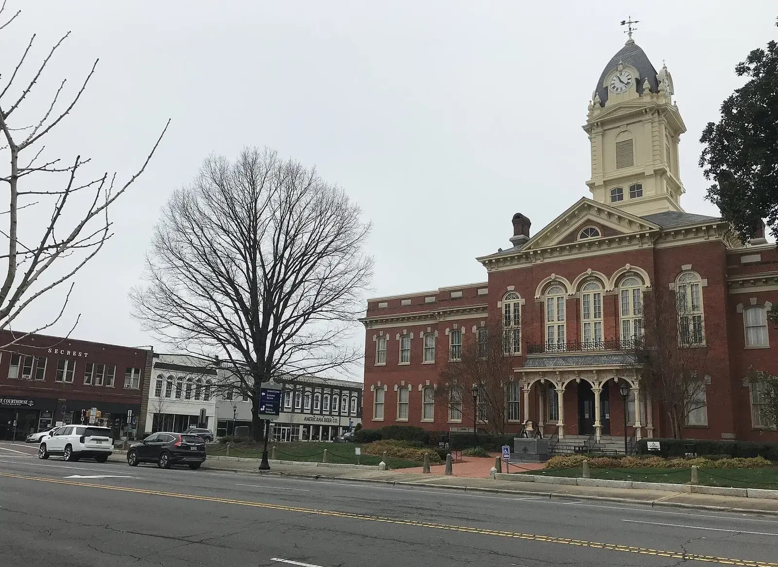 Historic courthouse and main street buildings in downtown Monroe, North Carolina