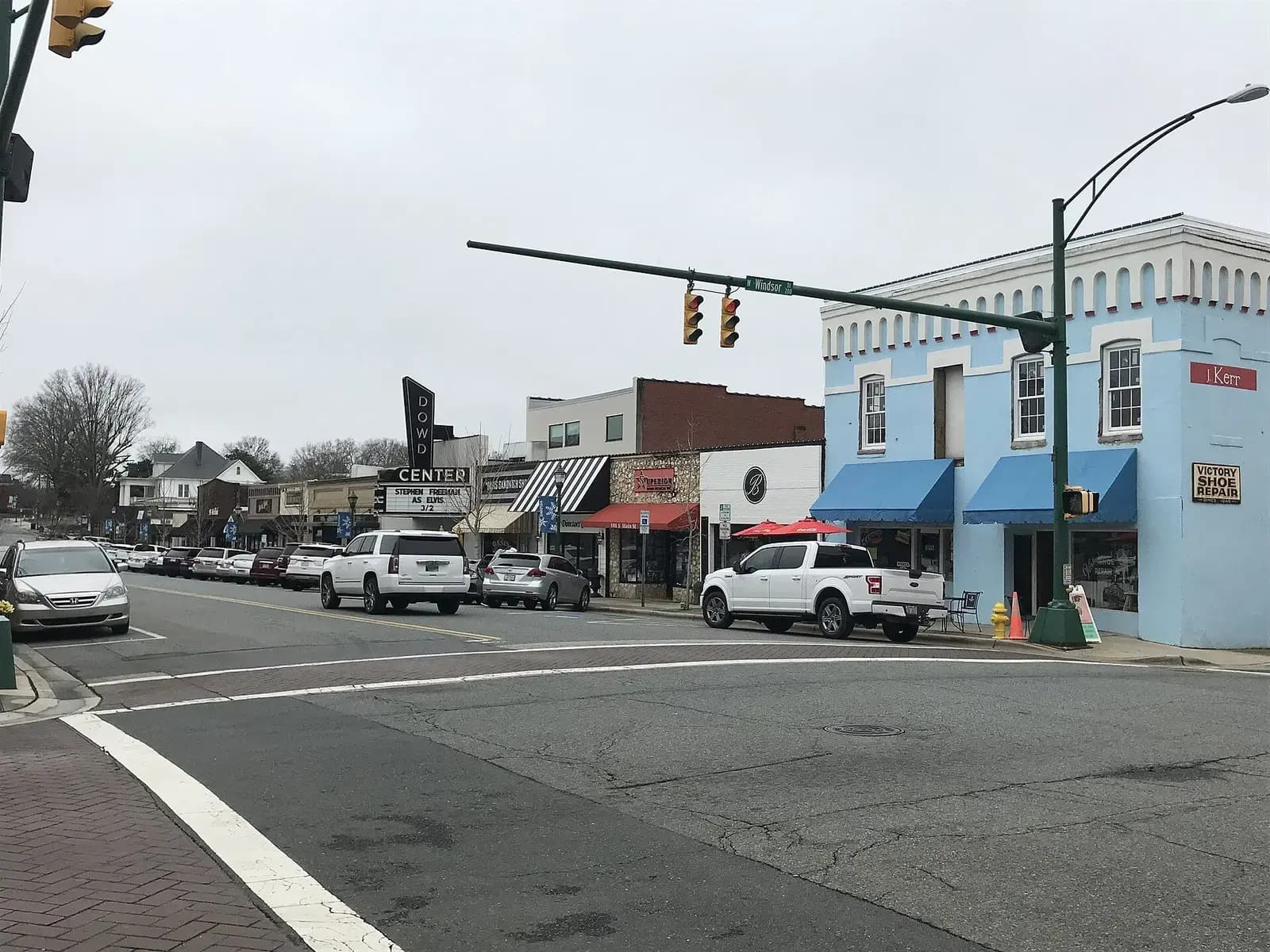 Storefronts along a downtown street in Monroe, North Carolina