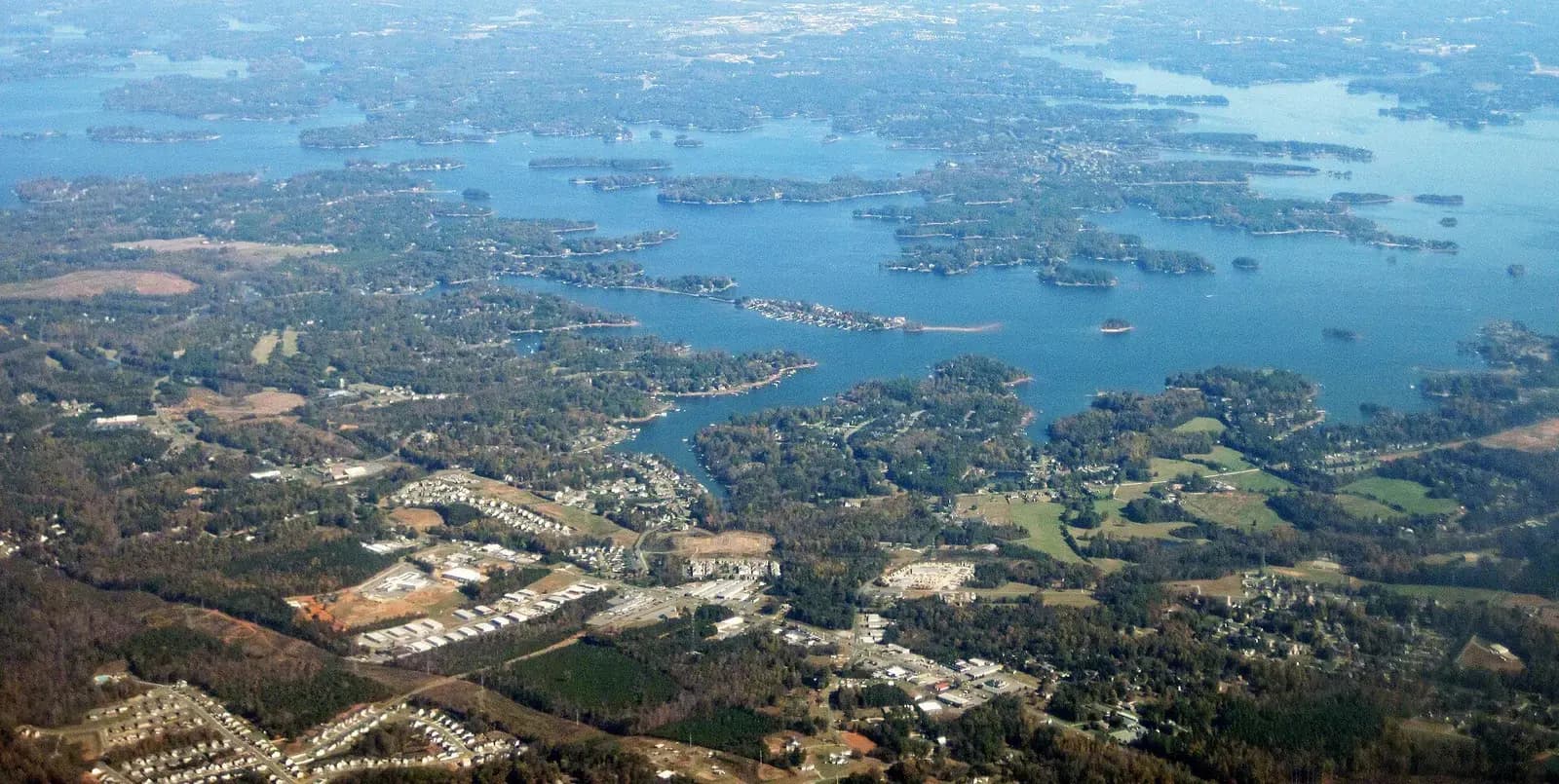Aerial view of Lake Norman coves and wooded shoreline in North Carolina