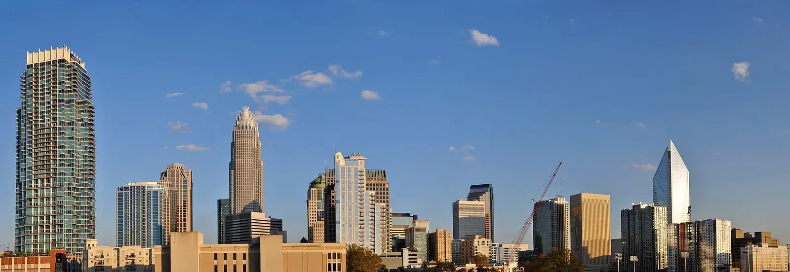 Panoramic view of the Charlotte skyline under a clear blue sky