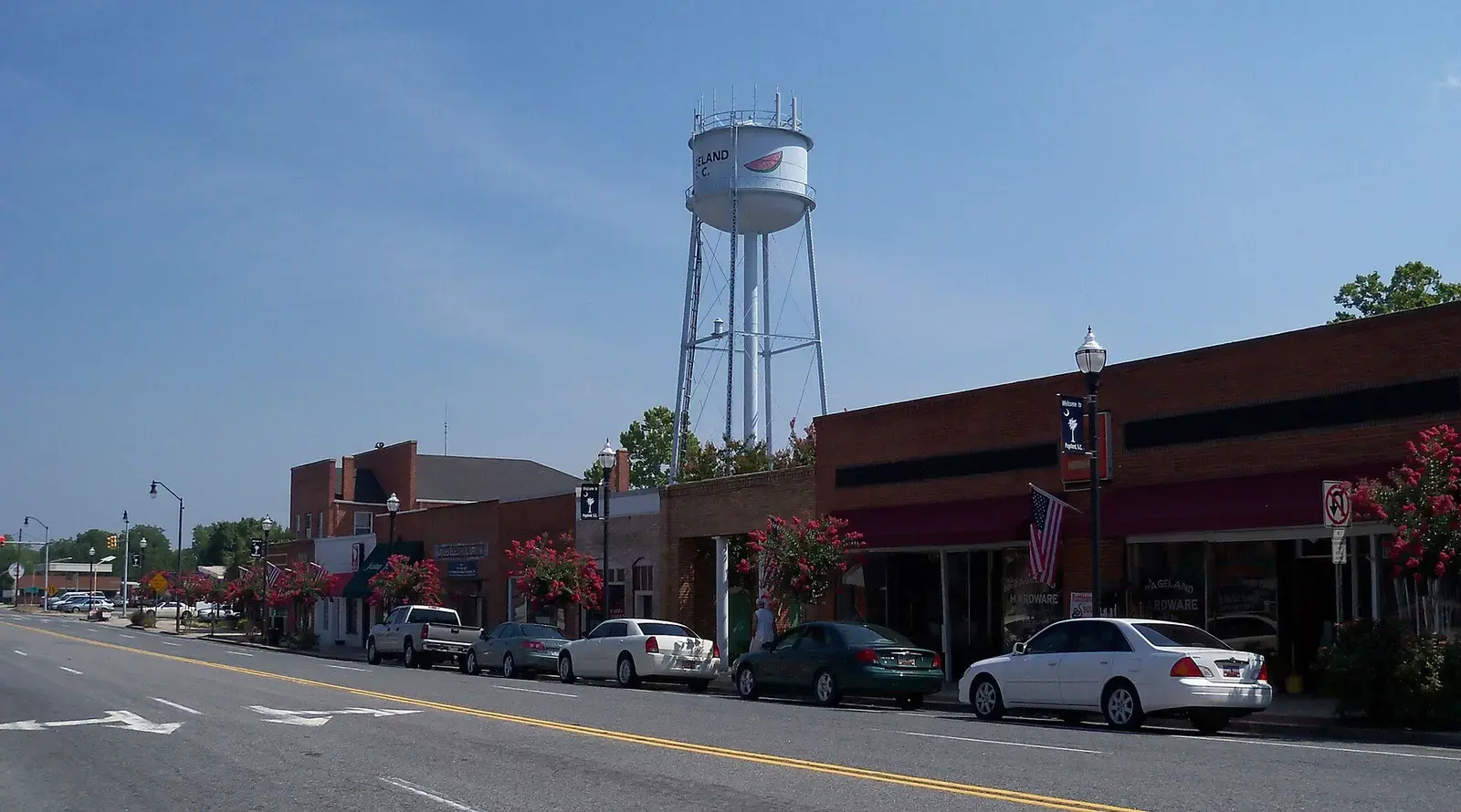Downtown Pageland, South Carolina storefronts with the town water tower behind