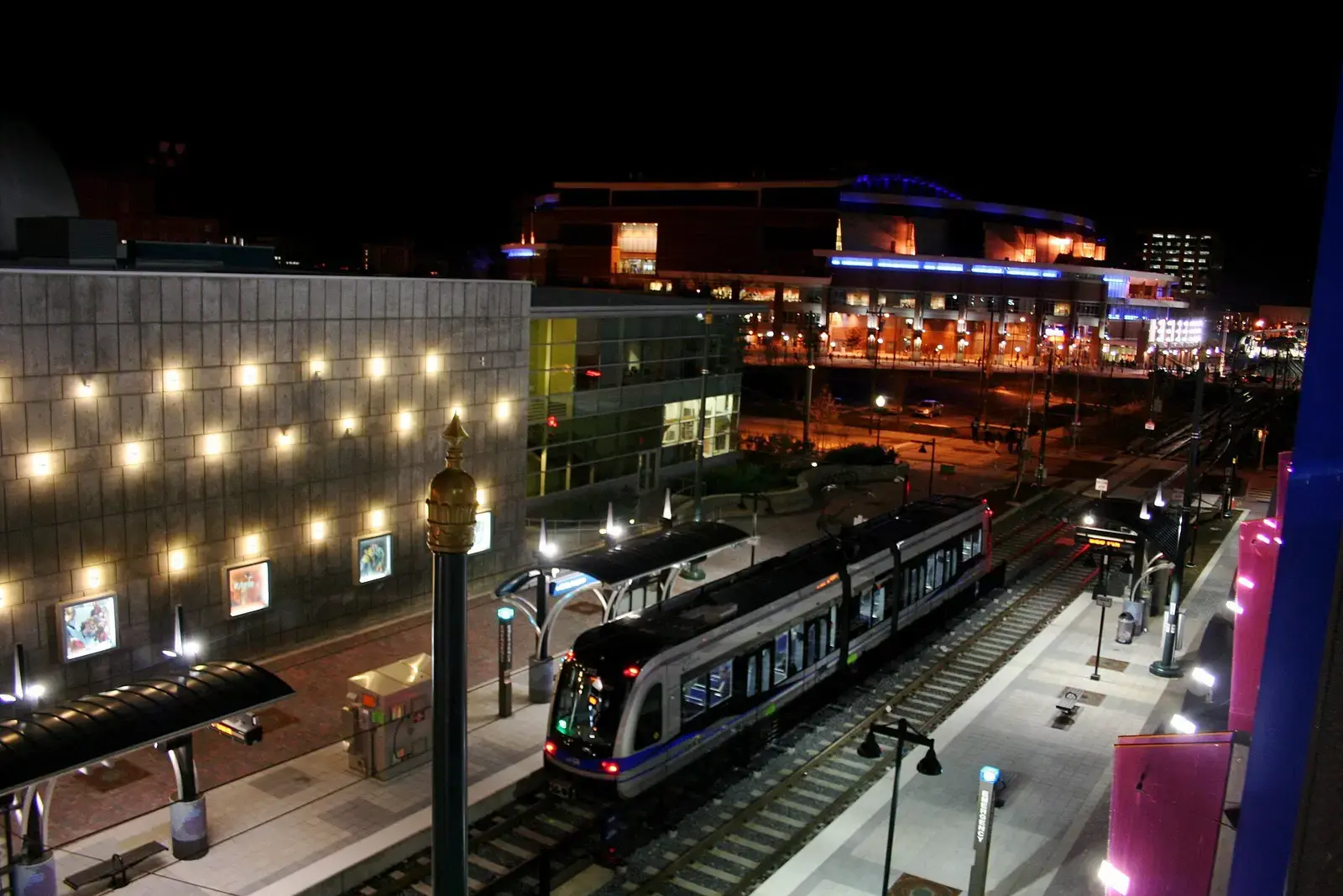 LYNX light rail train at the 7th Street Station in Uptown Charlotte at night