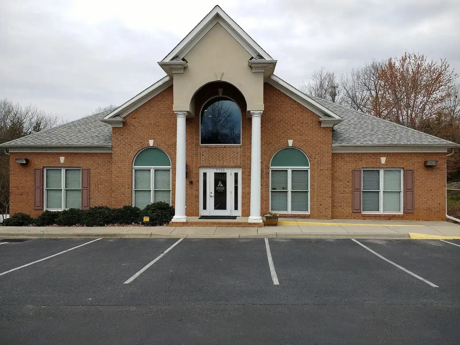 Tega Cay City Hall building with columned entry in Tega Cay, South Carolina
