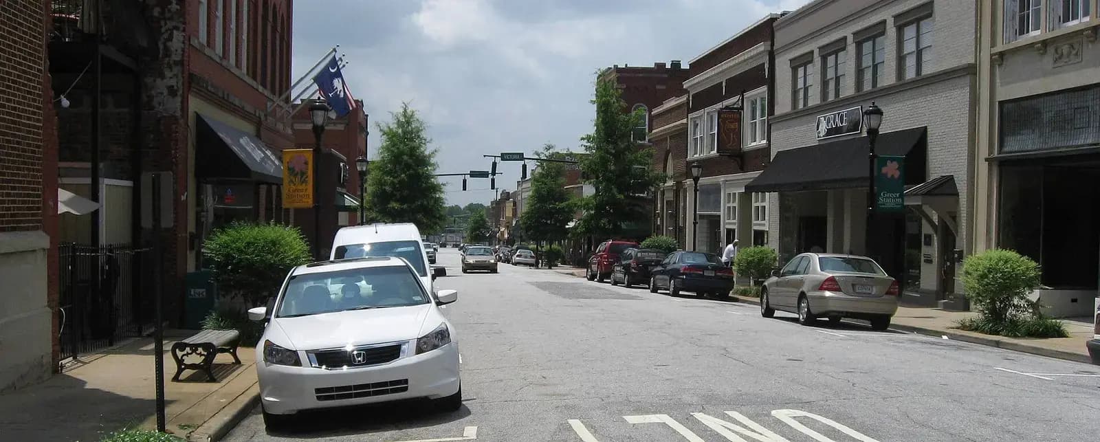 Historic storefronts along Trade Street in downtown Greer, South Carolina