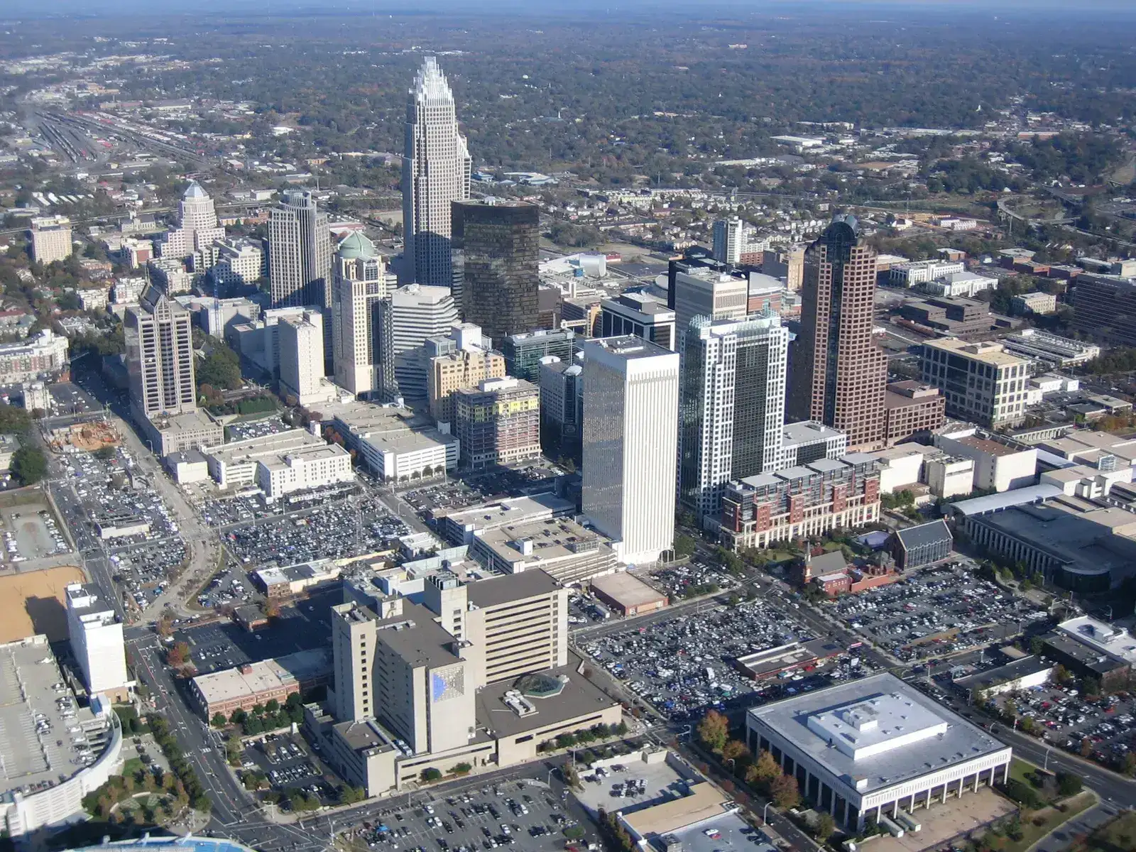 Aerial view of Uptown Charlotte towers and surrounding streets