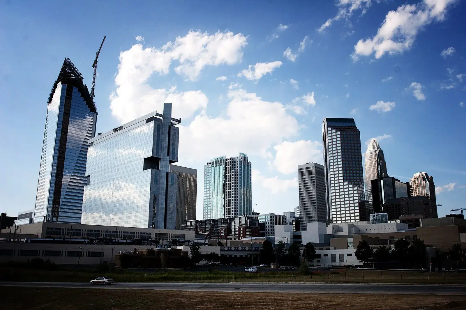 Charlotte skyline seen from the Caldwell Street and South Boulevard bridge over I-277