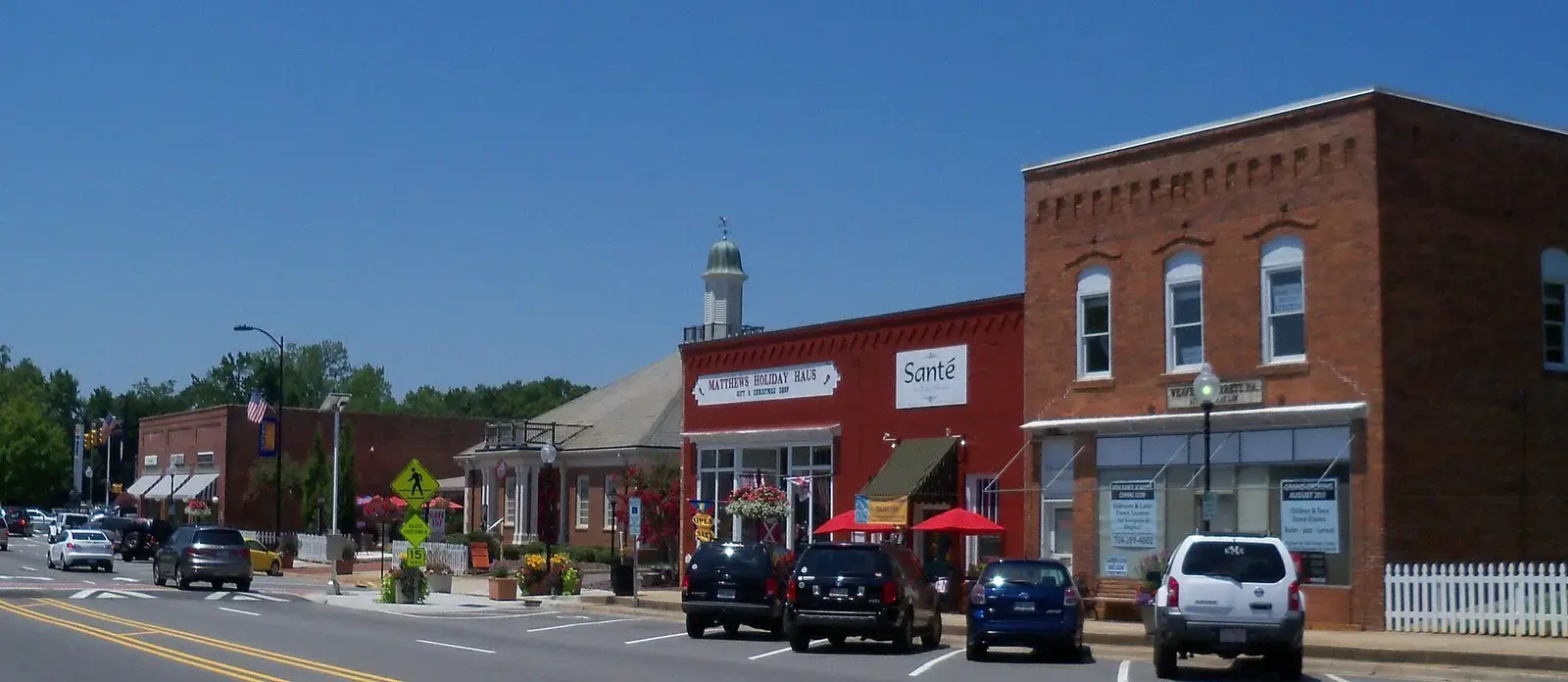 Brick storefronts on Trade Street in downtown Matthews, North Carolina