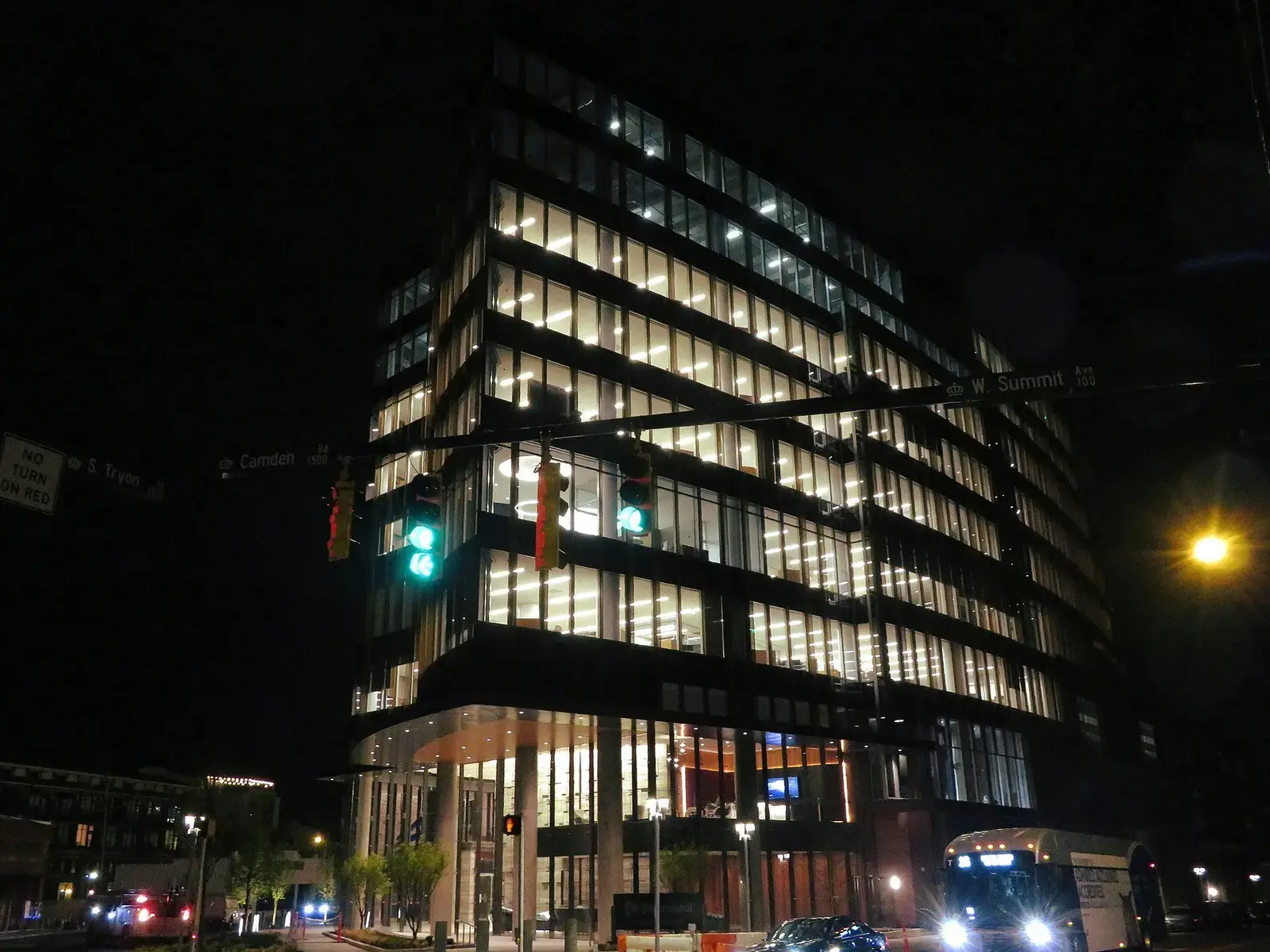 Office tower lit at night in South End, Charlotte