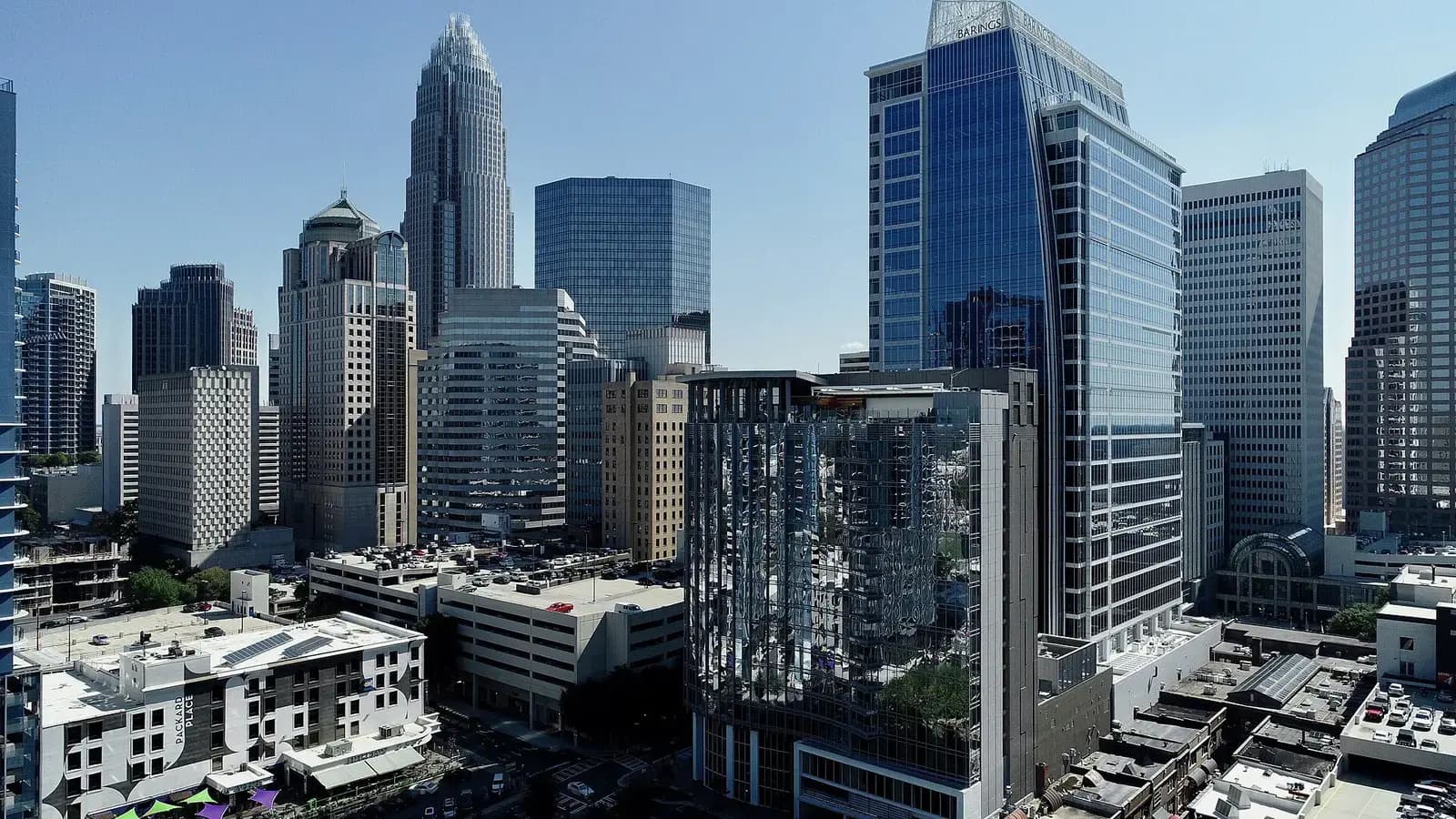 Aerial view of Uptown Charlotte office towers on a clear day