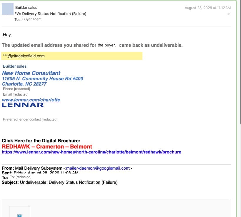 Redacted email: builder sales reports the VIP Build Inbox alias bounced as undeliverable