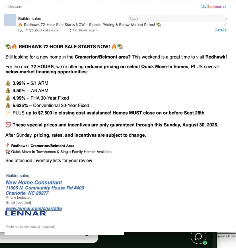 Redacted email: Redhawk 72-hour sale pitch sent to the VIP Build Inbox alias